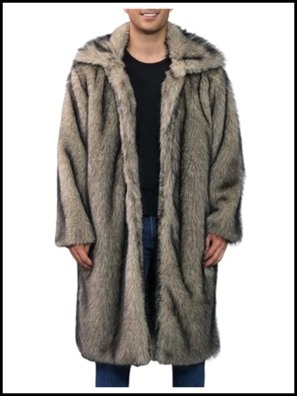 Mens Faux Fur Coat Long Fluffy Furry Shaggy Jacket Winter Warm Lapel Collar